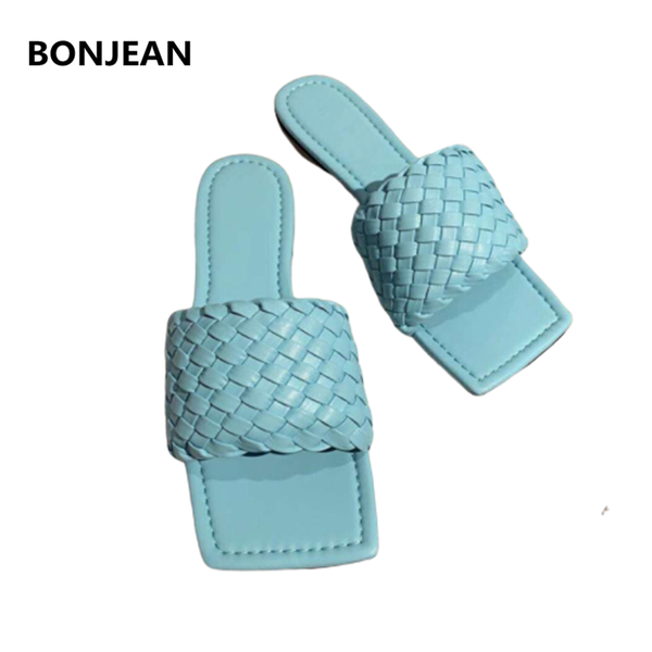 

bonjean 2020 new handmade plaid weave woman slippers flats women shoes candy color lady slides beach shoe female, Black