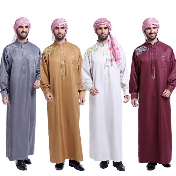 

middle east man muslim jubba thobe musulmane ramadan plus size embroidery luxury turkish kaftan robe with islamic scarf, Red