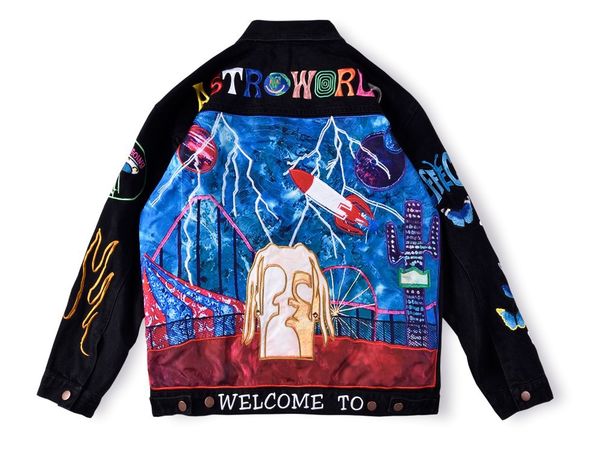 

мужские дизайнерские куртки трэвис скотт astrowrld джинсовая куртка промытая вышивка ретро мода high street мотоцикл high street повседневна, Black;brown