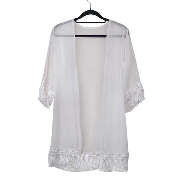 

summer women tassels beach mid-sleeve long shirt lace chiffon sunscreen cardigan clothes white, black #137, Blue;gray
