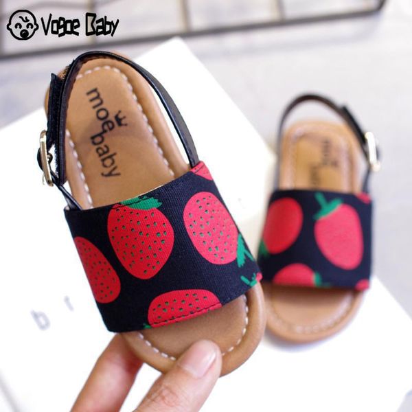 

strawberry fruit sandals princess shoes soft-soled non-slip slippers girls baby children's summerpu flat heels soft buckle kid, Black;red