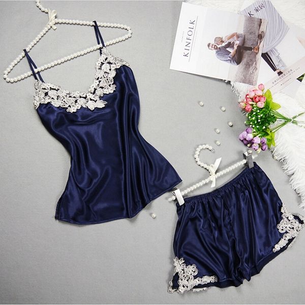 

2pcs lace set pajama set silk satin pajamas sleeveless pajama sleeves with v-neck sleepwear women's summer clothes, Blue;gray