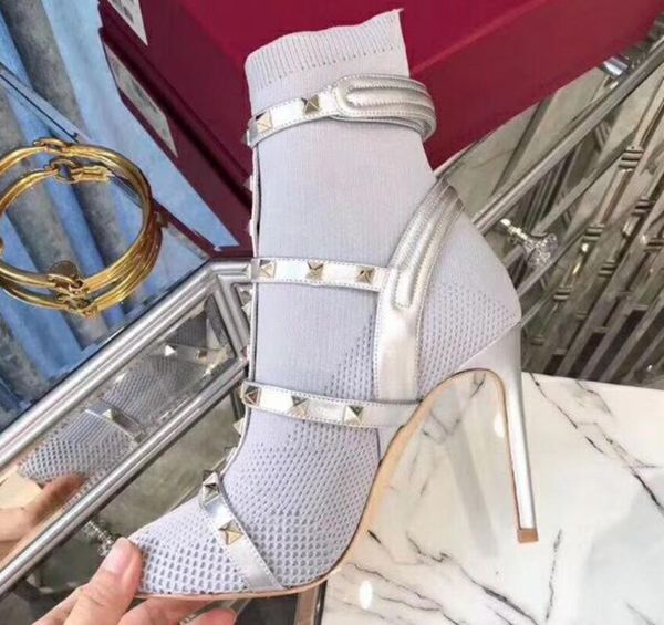 

spring autumn womens real leather sole with black red beige stretch fabric sock booties pull on high heels gold studs ankle boots