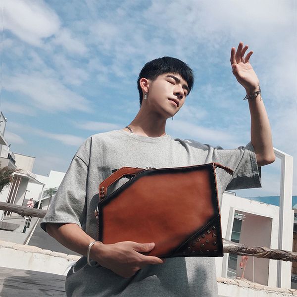 

korean handbags hip men street rivet hand clutch shoulder bag retro crazy horse pu leather bag