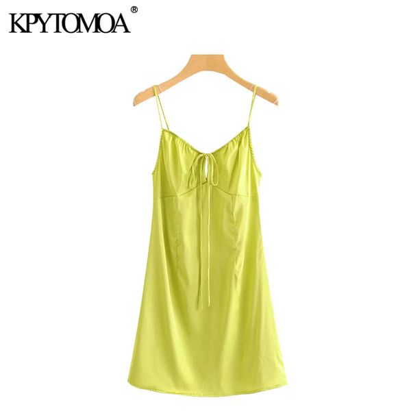 

kpytomoa women 2020 chic fashion backless cozy mini dress vintage tied v neck spaghetti strap female dresses vestidos mujer, Black;gray