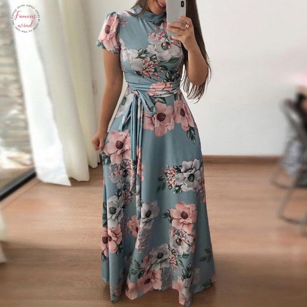 

women long maxi dress 2020 summer floral print boho beach dress casual short sleeve bandage party dress vestido plus, Black;gray