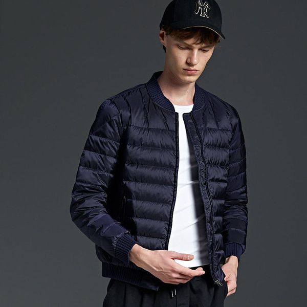 

new arrival 2019 autumn winter baseball style stand collar thin down jacket men casual down coat fashion outerwear plus size, Black