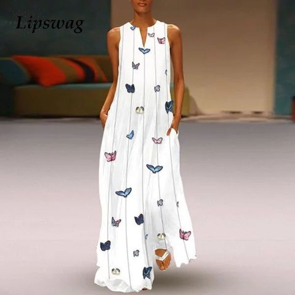 

dress v neck women vintage pockets print 2019 summer sleeveless butterfly dress loose boho maxi long dresses, Black;gray