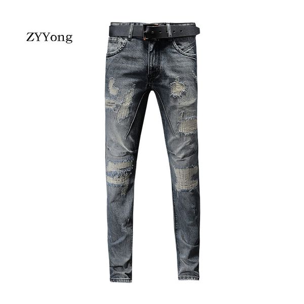 

zyyong straight pants fashion simple washed hole patch jeans men's business casual style classic style washed color denim pants, Blue