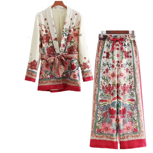 

piece 2 set women full length suit female style flower pattern european style casual holiday sandy beach jacket pants pajamas suit, White