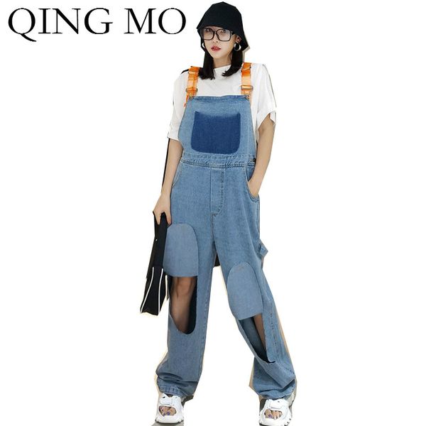 

qing mo women denim overalls pant 2020 women personality holes pants female high waist full length trousers zqy4410, Black;white