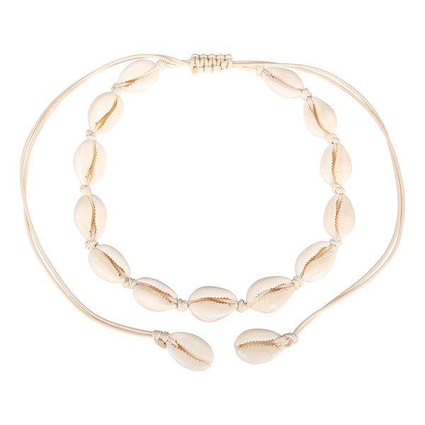 

42cm handmade shell beads necklace for women, puka shell hawaiian seashell pearls choker adjustable cord necklace set white rope cord beach