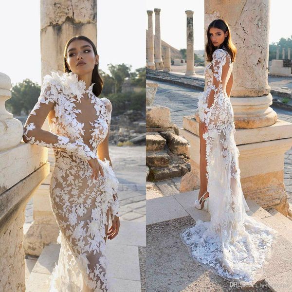 

beach mermaid wedding dresses long sleeves sheer high neck illusion lace applique side split boho wedding dress bridal gown robes de mariée, White
