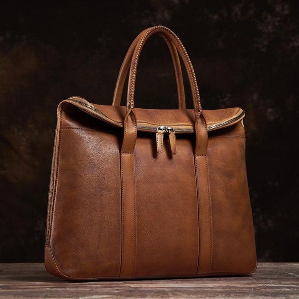 

zrcx vintage man handbag briefcase men shoulder crazy horse genuine leather bags brown business fashion 15 inch lapbag