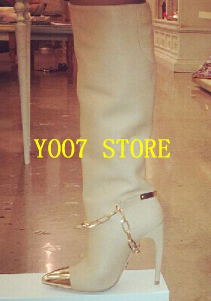 

selling 2019 women fashion spike gold toe knee high gladiator boots black white leather long high heel boots chain design