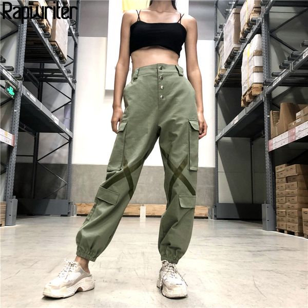 

rapwriter fashion cross bright strip stretch high waist side big pocket pants women 2018 autumn loose cargo pencil pants bottom, Black;white