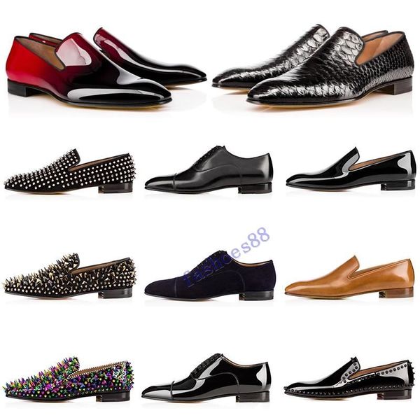 

2019 luxury mens designer dress shoes red bottoms casual shoes matt patent leather round toes slip-on spikes flat business sneakers 38-47, Black
