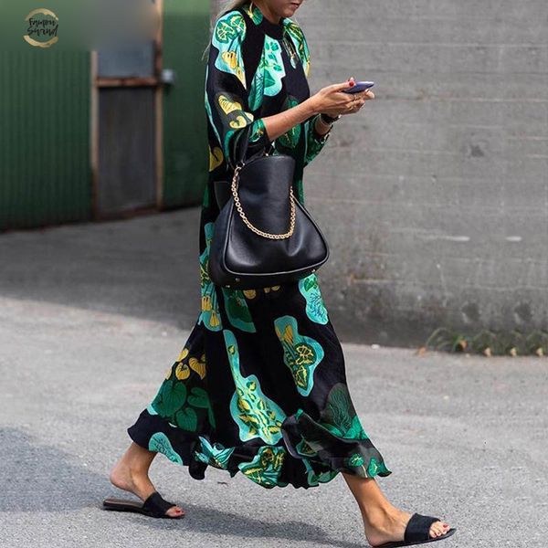 

summer dress women long maxi dress vintage floral printed long sleeve loose beach sundress plus size casual vestidos, Black;gray