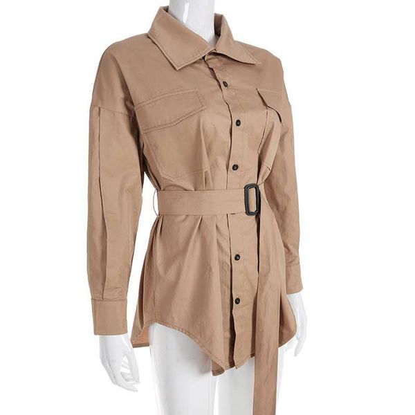 

european and american small lapel single breasted long sleeve solid color trench coat jacket waist to show thin loose shirt, Tan;black