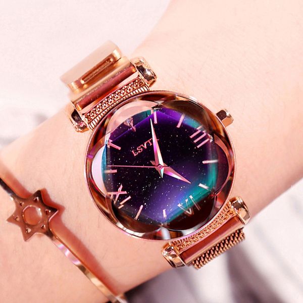 

new luxury rose gold women watches minimalism starry sky magnet buckle fashion casual female wristwatch waterproof roman numeral, Slivery;brown