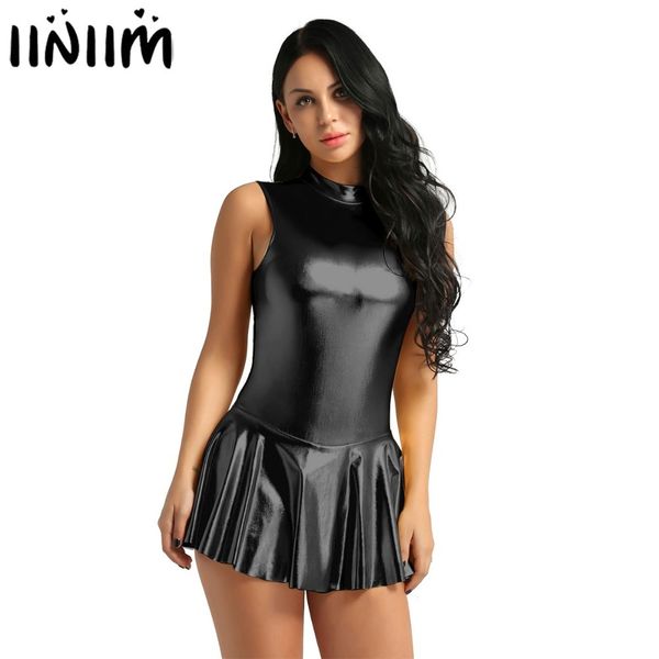 

womens femme pole dancing dress shiny metallic stand collar back zippered a-line night party clubwear for lyrical dance costumes, Black;pink