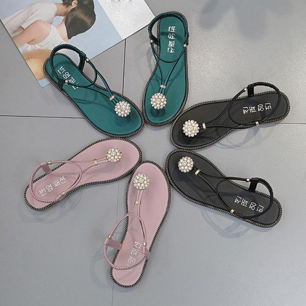 

women bohemian pearl sandals summer fashion diamond sandals flat shoes #g6, Black