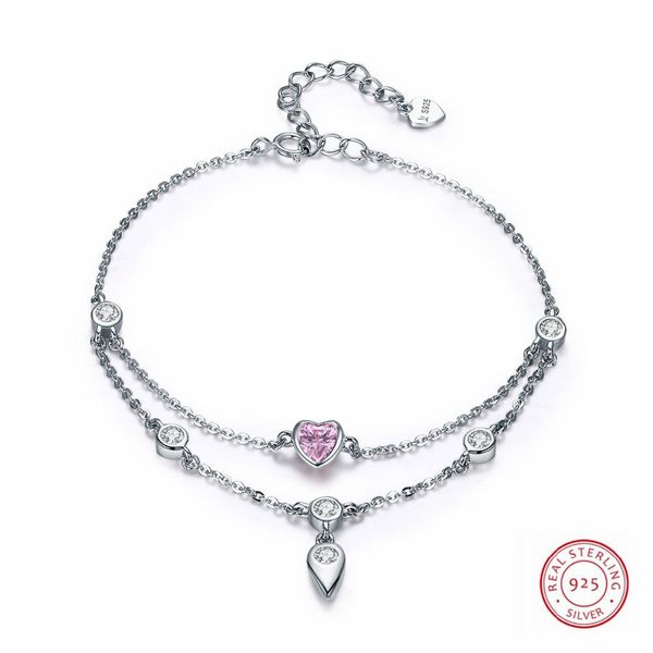 

pink sweet heart charm bracelet 925 sterling silver link chain bracelet double layer chain women pulseras plata de ley 925 mujer, Black