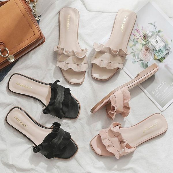 

2019 women slippers flats woman shoes summer beach ruffles slides flip flops ladies fashion slippers home female women's shoes, Black
