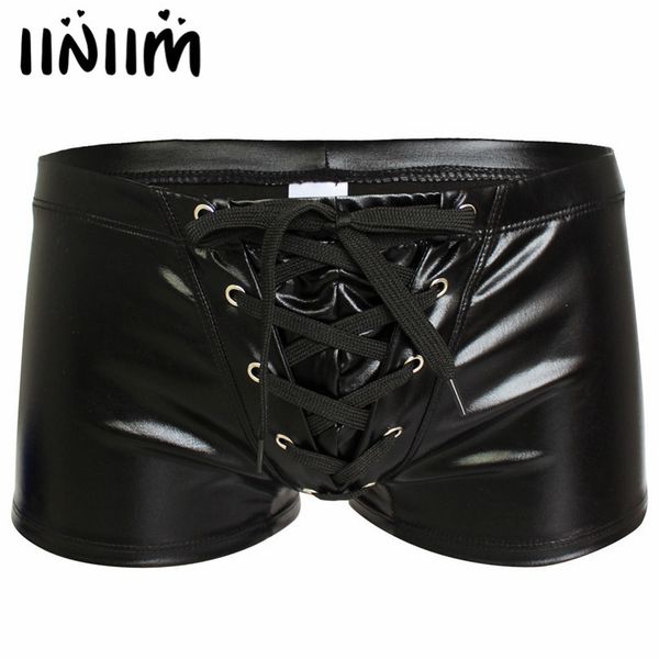 

iiniim men patent leather drawstring boxer briefs swimwear underwear clubwear performance male shiny boxer shorts underpants, Black;white