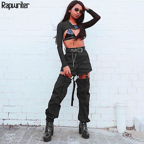 

rapwriter streetwear high waist ribbon patchwork pants women 2020 black hollow out jogger trousers cargo ankle-length pants, Black;white