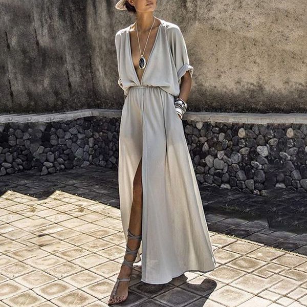 

casual dresses deep v neck women dress solid color vestidos elegant high waist half sleeve for, Black;gray