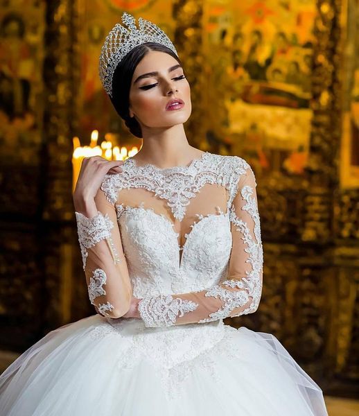 

arabic dubai sheer neck wedding dresses ball gown long illusion sleeves applique beaded lace court train wedding bridal gowns 117, White