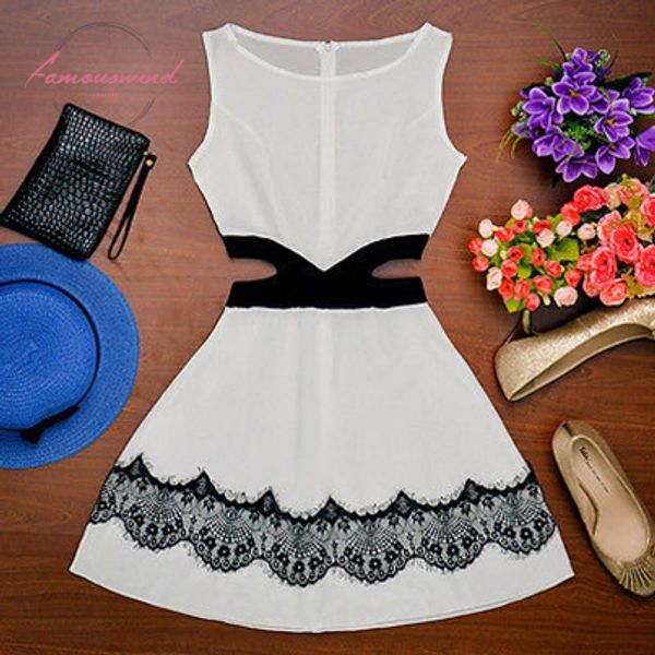

new 2020 women casual summer dress lady clothing party o neck lace up hollow out fashion mini dress black white, Black;gray