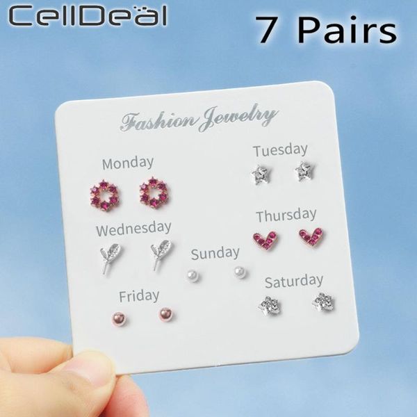 

celldeal 7 pairs one-week earrings set students simple versatile star moon fresh stud earrings luxury young jewelry cute, Golden;silver