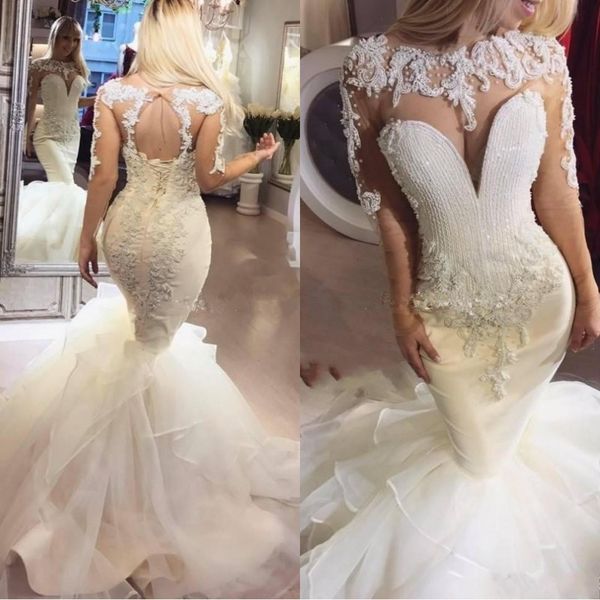 

2020 new dubai sparkly mermaid wedding dresses long sleeve illusion bodice major beaded bridal gowns cascading ruffles country wedding dress