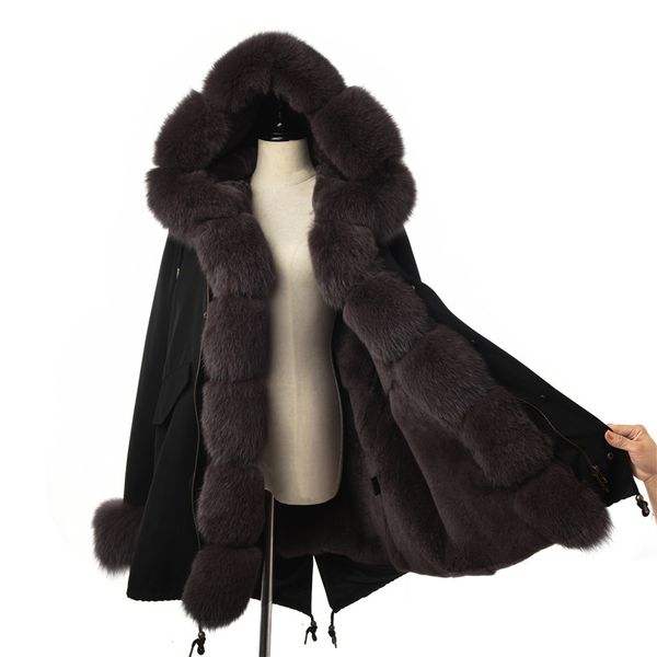 

fursarcar 3 color real fur parka women winter fashion jacket 80 cm long coat with fur collar and cuff casual warm parka, Black