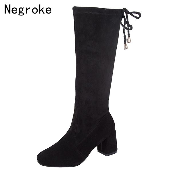 

2020 new flock leather women knee high boots lace up high heels autumn woman shoes winter women boots plus size 35-43, Black