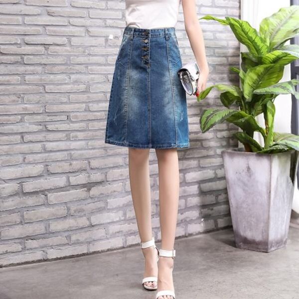 

2019 summer denim skirts womens high waist plus size button pockets jeans skirt a-line midi skirt faldas dv804, Black