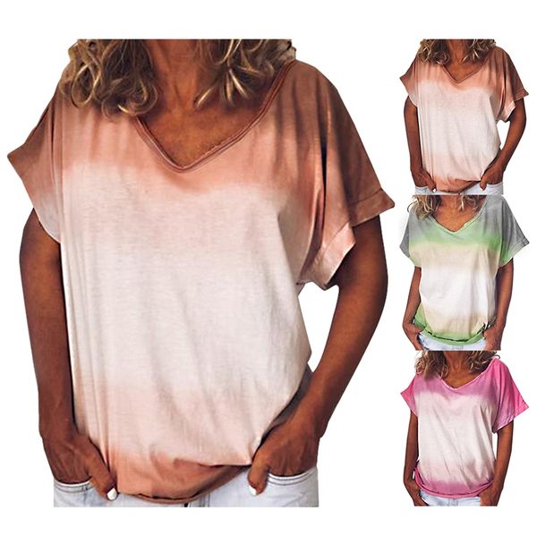 

women's summer tie-dye rainbow gradient printing short-sleeved t-shirt top, White