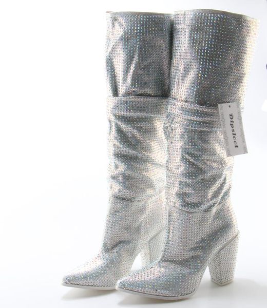 Heißer Verkauf – superheiße Damen-Stiefel mit spitzer Zehenpartie, kniehohe Stiefel, Slip-On-Damen-Ritterstiefel, Strass, sexy, klobiger Absatz, Kristall