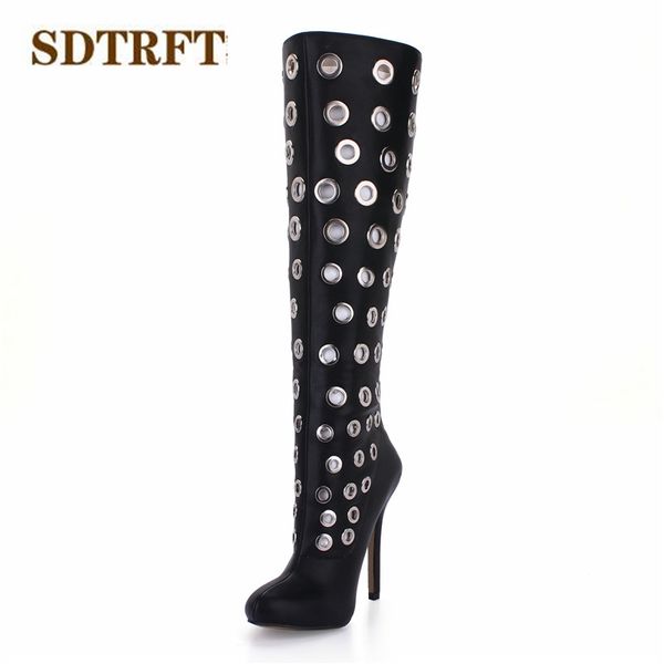 

sdtrft stilettos 12cm thin heeled motorcycle knee-high boots shoes woman botas dress rivet hollowed out pumps plus:35-42 43, Black