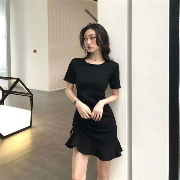 

summer dress 2019 women solid color drawstring draped dress lady round neck short sleeve casual dress, Black;gray