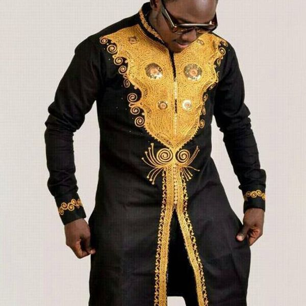

black golden print luxury african dashiki long shirt men 2019 fashion rich bazin african clothes men slim fit long sleeve shirt, White;black