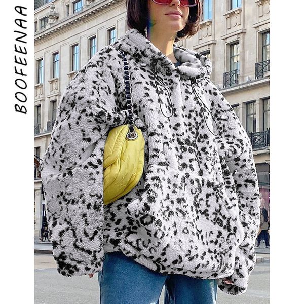 

boofeenaa shaggy leopard print oversized hoodie womens clothing winter fleece pullover streetwear baggy sweatshirts c95-ai06, Black