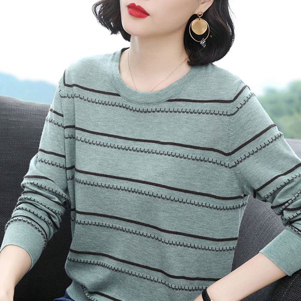 

2020 spring women bottoming knitted sweater loose covering tummy striped female long sleeve pullover jumpers o-neck, White;black