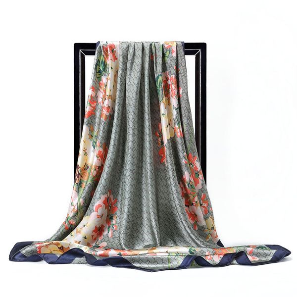

classic new european and american luxury selling designer brand 90 * 90cm square scarf, letter flower geranium scarf, Blue;gray