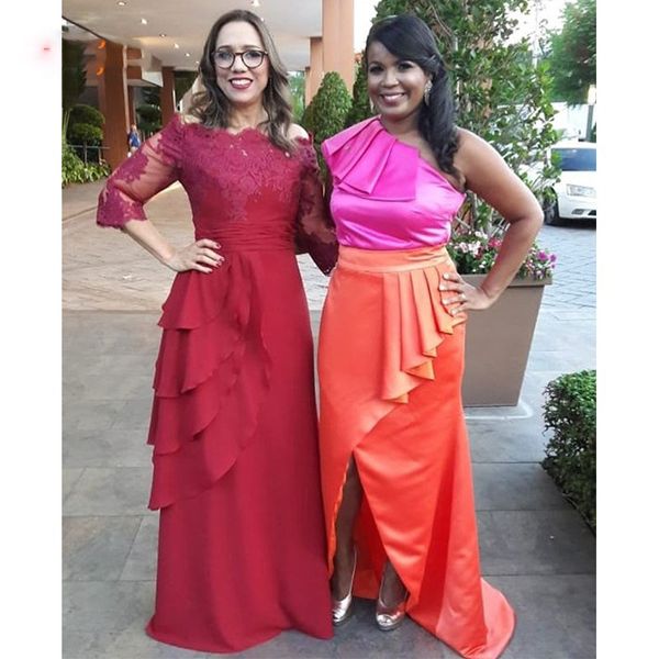 

3/4 sleeve burgundy chiffon mother of the bride dresses boat neck a-line elegant evening gowns tieres wedding party dress, Black;red