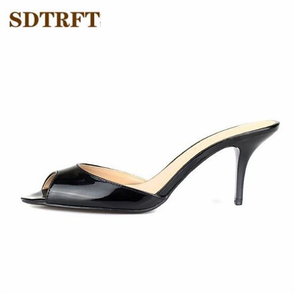 

sdtrft plus:35-45 46 47 48 ladies stilettos 7cm thin high-heeled patent leather peep toe pumps women sandals summer shoes, Black