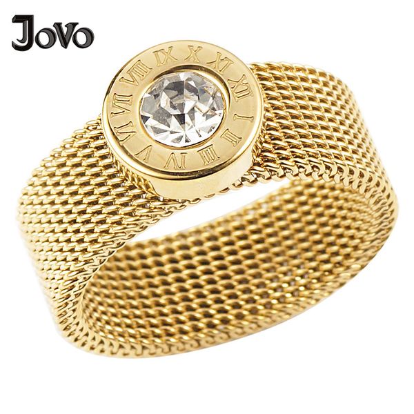 

fashion roman number crystal round rings gold color stainless steel mesh chain ring for women jewelry bijoux anel feminino, Golden;silver