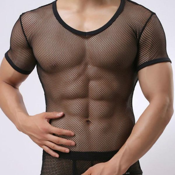 

new men mesh see through t-shirt fishnet clubwear short sleeve undershirt, White;black
